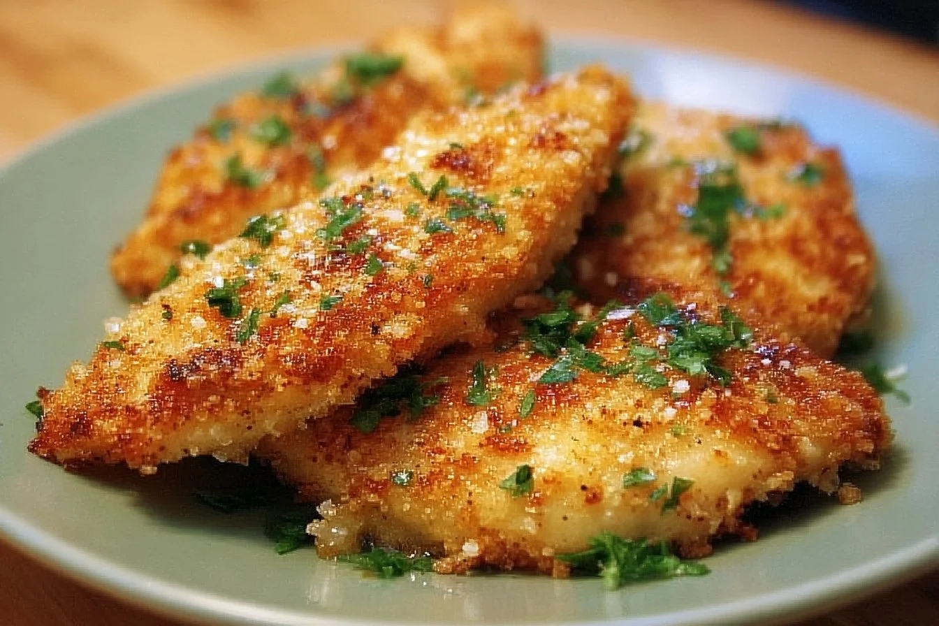 Delicious Parmesan Crusted Chicken served on a plate with herbs and lemon