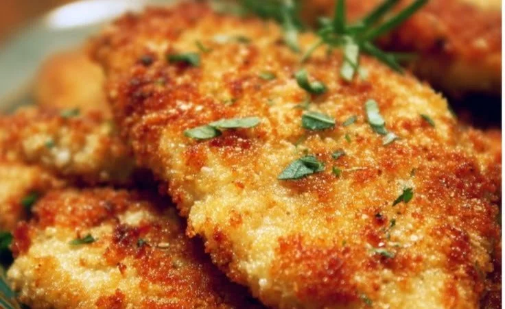 Delicious Parmesan-Crusted Chicken served with herbs and lemon wedges.