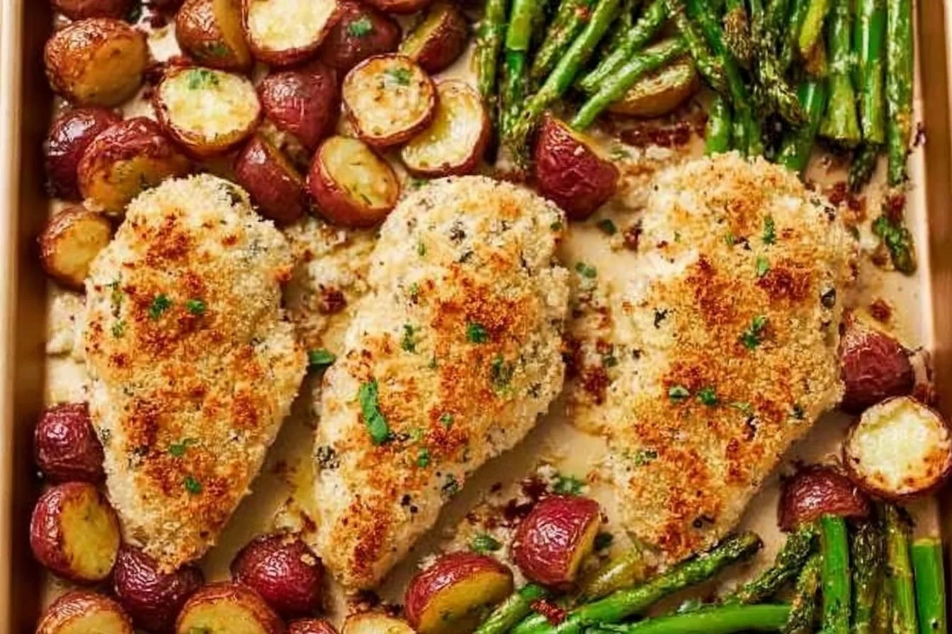 Parmesan Crusted Chicken Sheet Pan Dinner 4 Delicious Parmesan Crusted Chicken cooked on a sheet pan with vegetables.