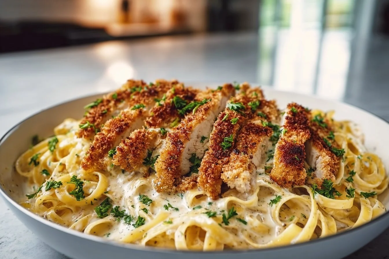 Parmesan Crusted Chicken with Alfredo 4 Delicious Parmesan Crusted Chicken served with creamy Alfredo sauce
