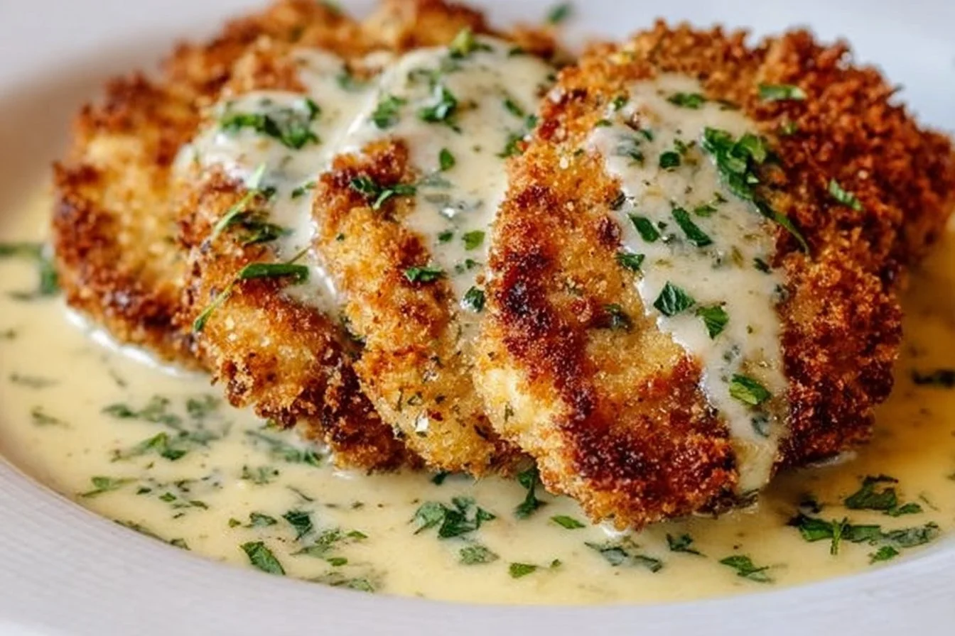 Parmesan Crusted Chicken with Creamy Garlic Sauce