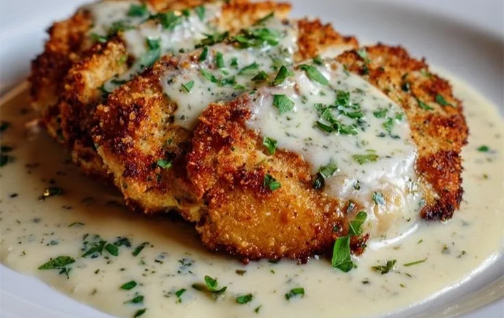 Parmesan Crusted Chicken with Creamy Garlic Sauce