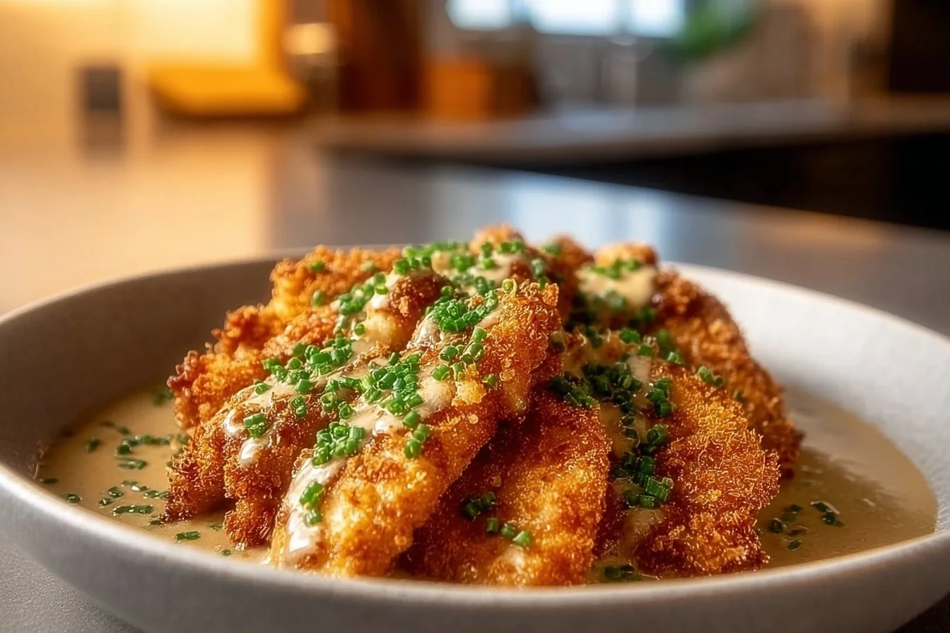 Plate of Parmesan Crusted Chicken drizzled with creamy garlic sauce