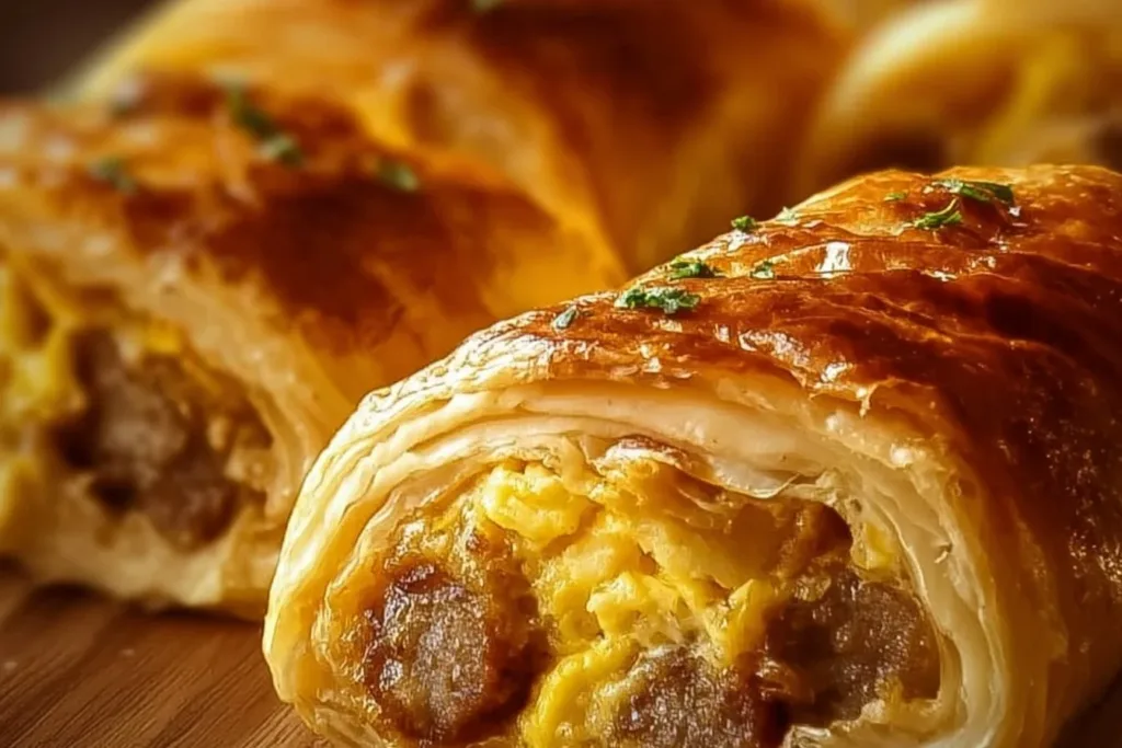 Delicious sausage and egg breakfast rolls on a plate ready to eat