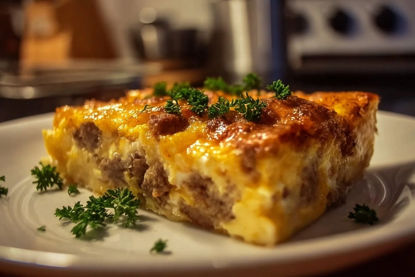 Sausage and Egg Casserole 4 A delicious sausage and egg casserole served in a baking dish.
