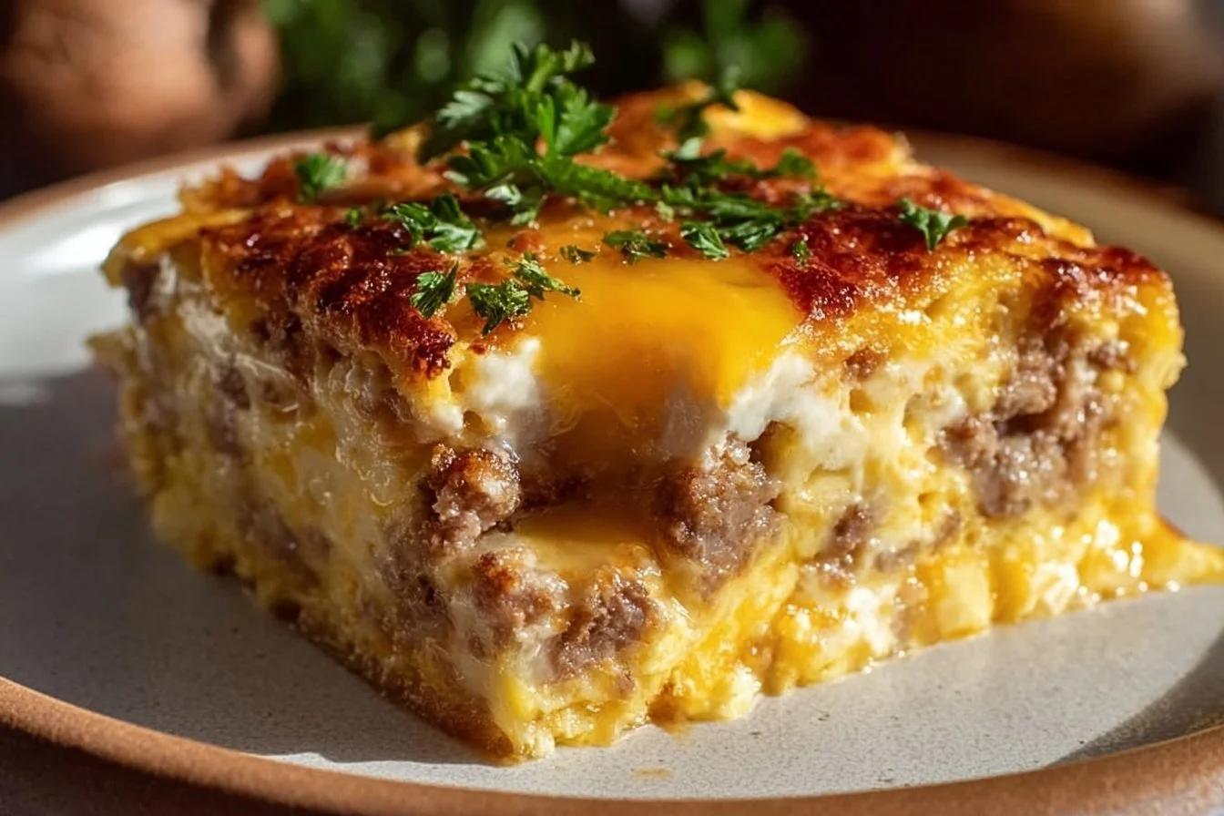 Sausage and egg casserole baked to perfection, served on a breakfast table.