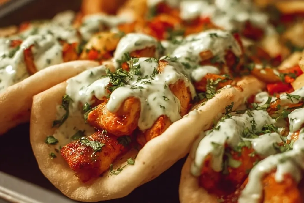 Sheet Pan Chicken Pitas served with Herby Ranch dressing, fresh ingredients.