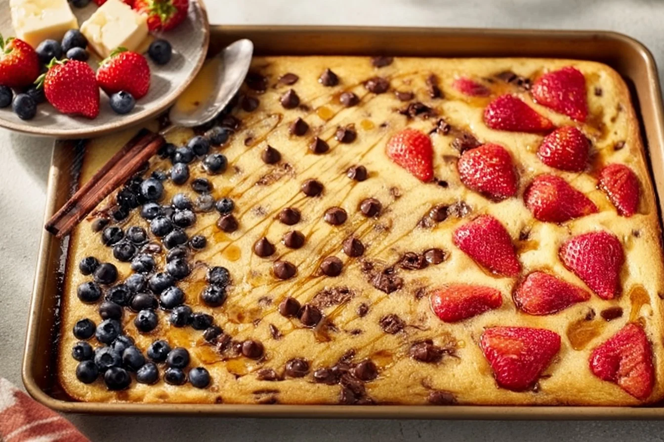 Delicious sheet pan pancakes baked and ready to serve for breakfast