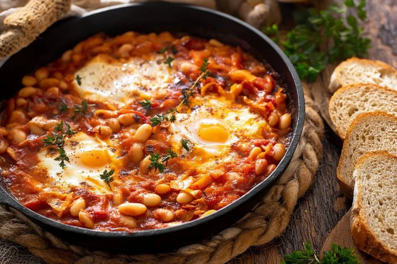 Delicious Spanish Beans and Eggs served in a bowl with fresh herbs.