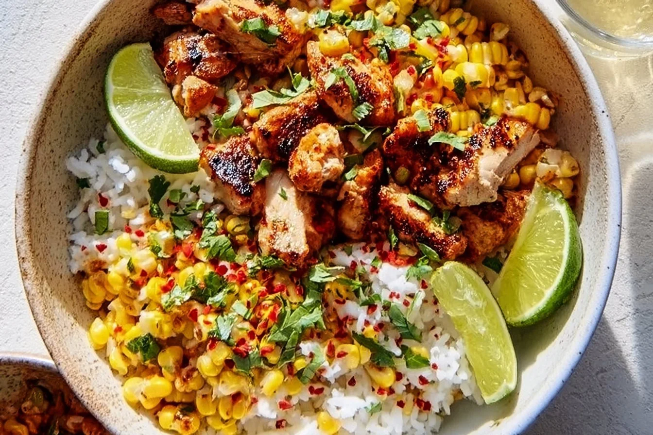 Street Corn Chicken Rice Bowl 4 Delicious Street Corn Chicken Rice Bowl garnished with fresh herbs and spices