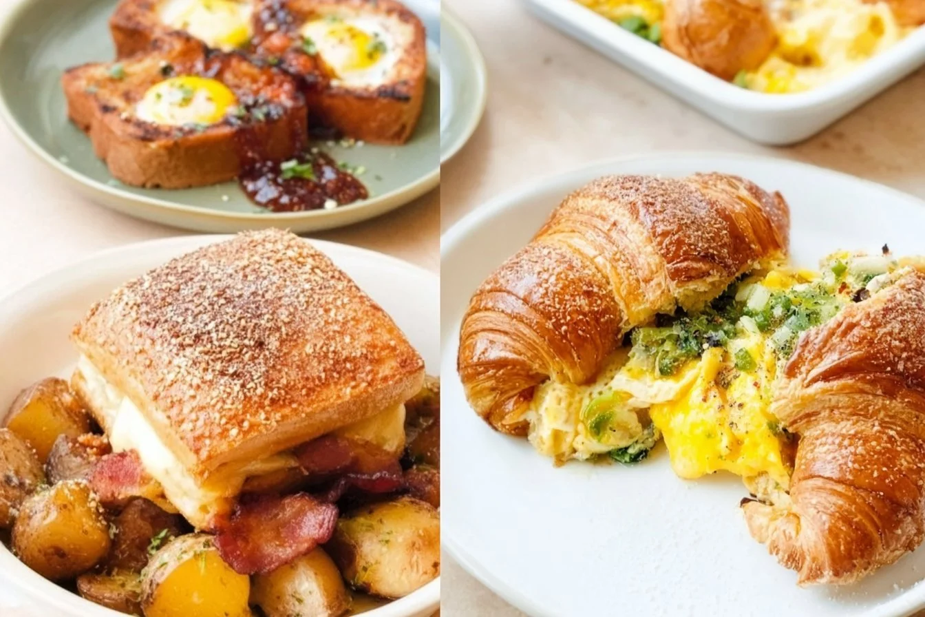 Delicious Sunday breakfast ideas including pancakes, eggs, and fruit.