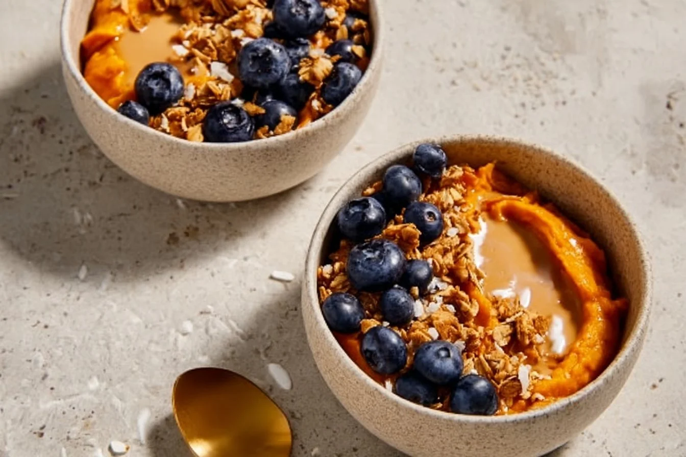 Healthy sweet potato breakfast bowls topped with fruits and nuts.