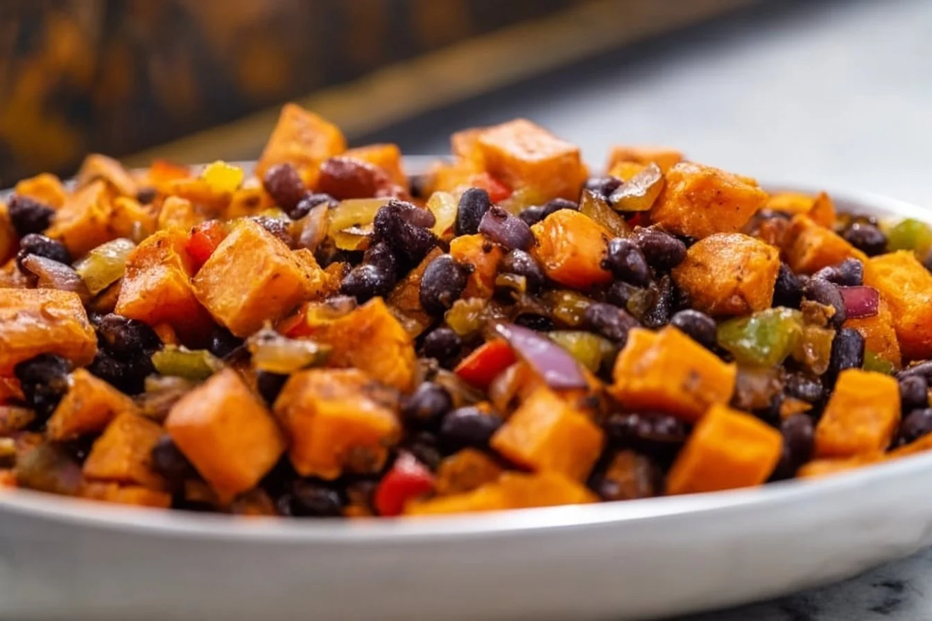 Colorful Sweet Potato Breakfast Hash with vegetables in a skillet.