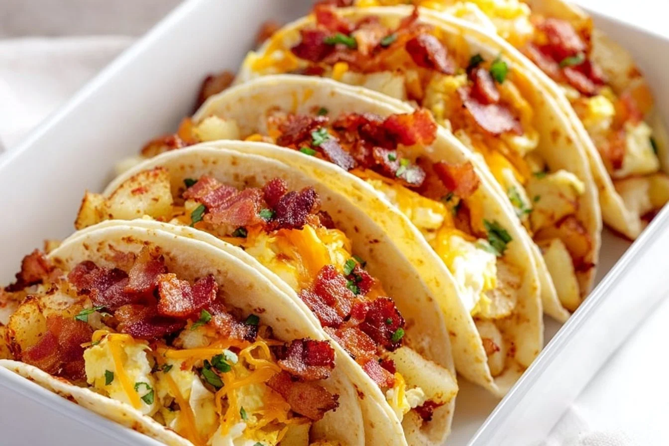 Delicious baked breakfast tacos with toppings ready to serve