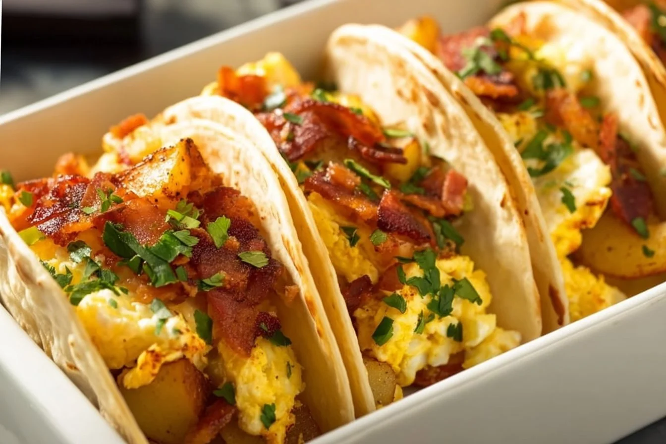 Platter of delicious baked breakfast tacos filled with eggs and toppings
