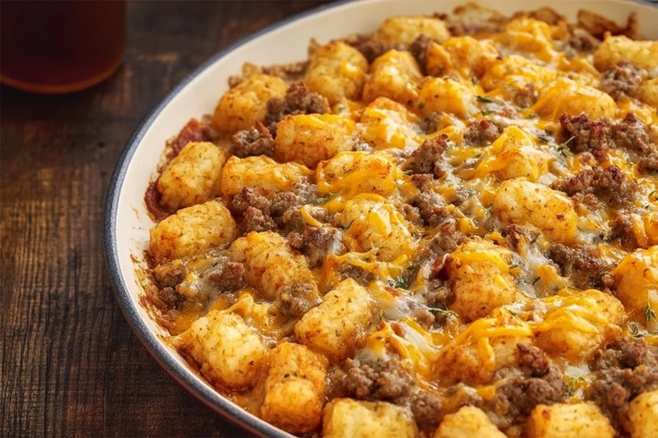 Delicious Tater Tot Sausage Breakfast Casserole served in a dish