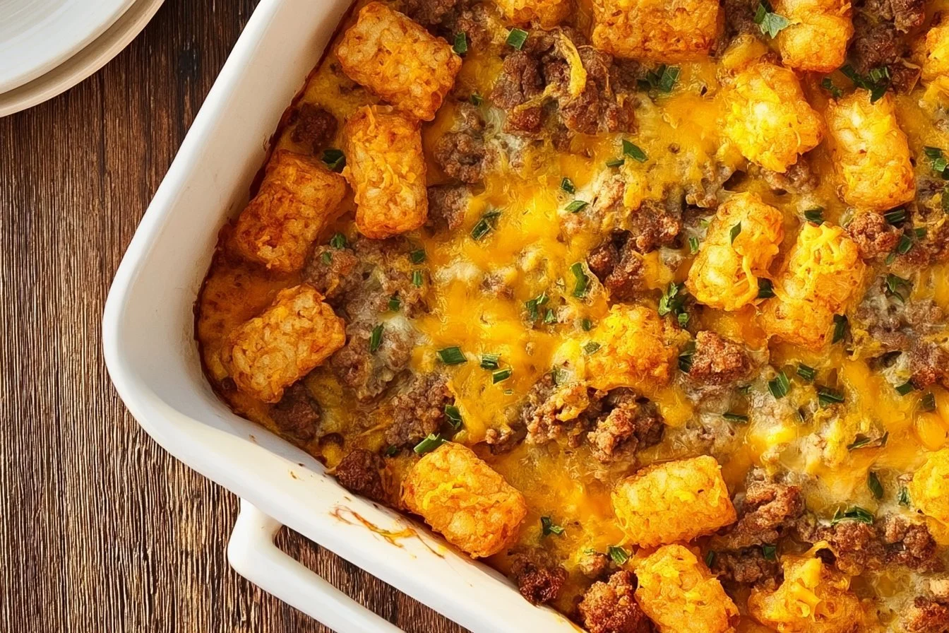 Tater Tot Sausage Breakfast Casserole served in a dish