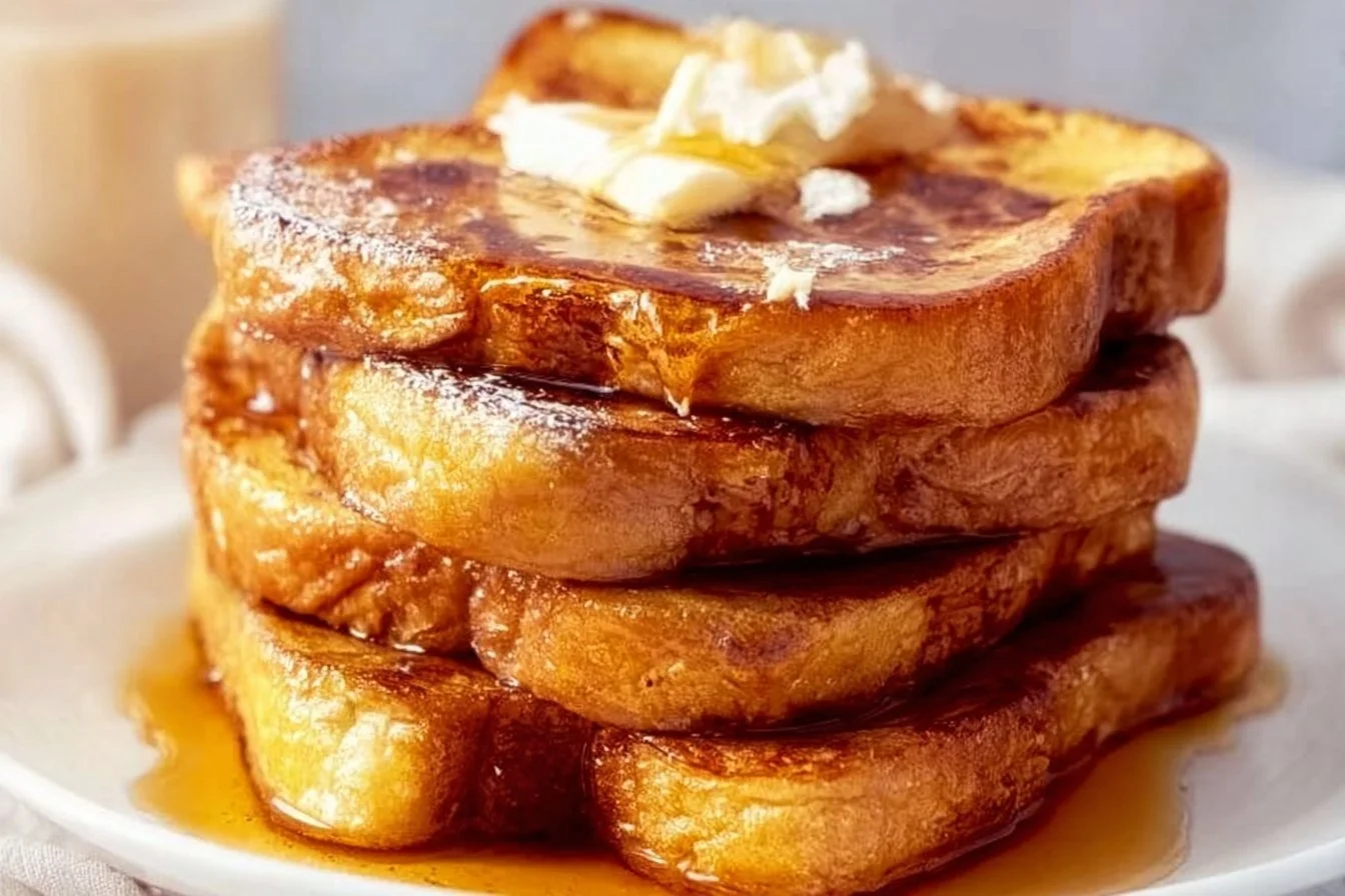 A delicious plate of golden-brown French toast with syrup and berries.