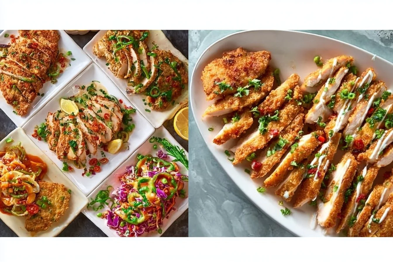 Thin-sliced chicken breasts served with vibrant vegetables on a plate