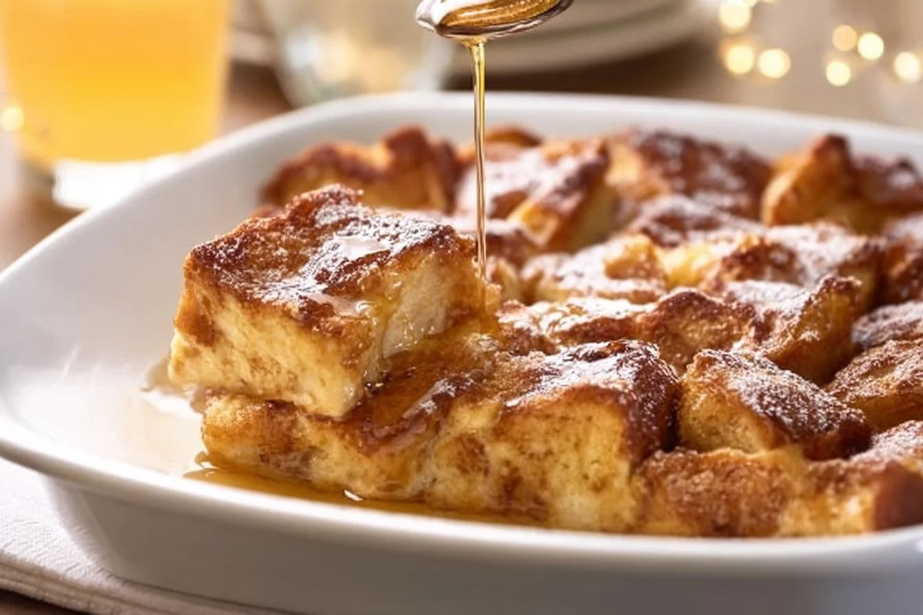 Traditional French Toast Casserole 4 Delicious traditional French toast casserole baked with cinnamon and topped with syrup.