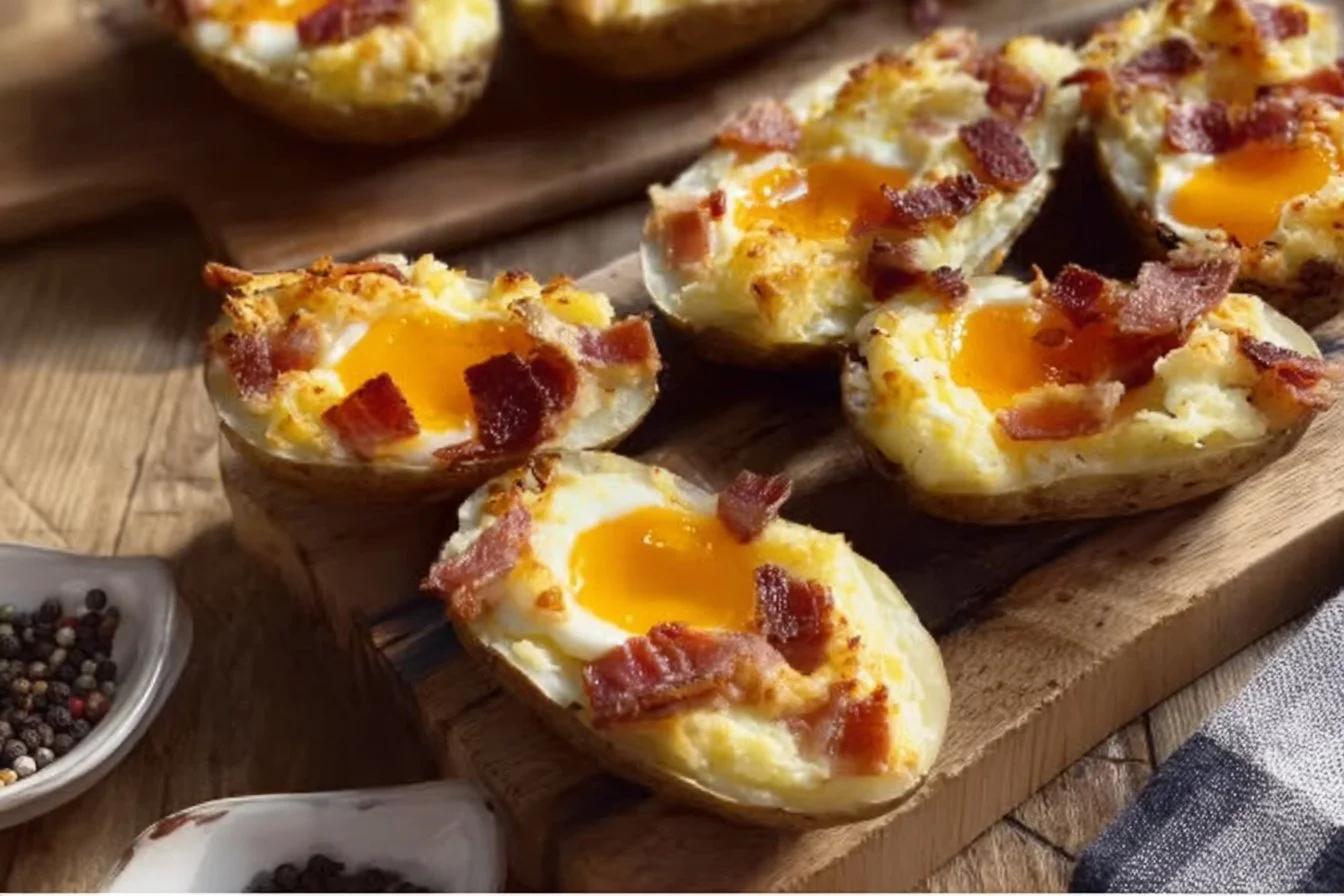 Twice Baked Loaded Breakfast Potatoes 4 Twice baked loaded breakfast potatoes topped with cheese and herbs