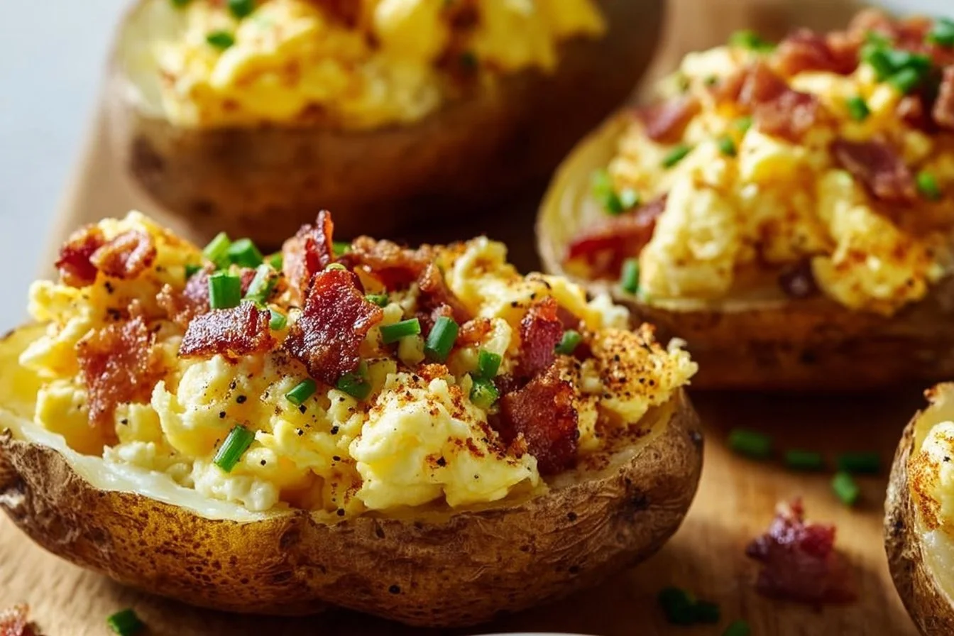 Twice Baked Loaded Breakfast Potatoes 4 Twice baked loaded breakfast potatoes topped with cheese and bacon.