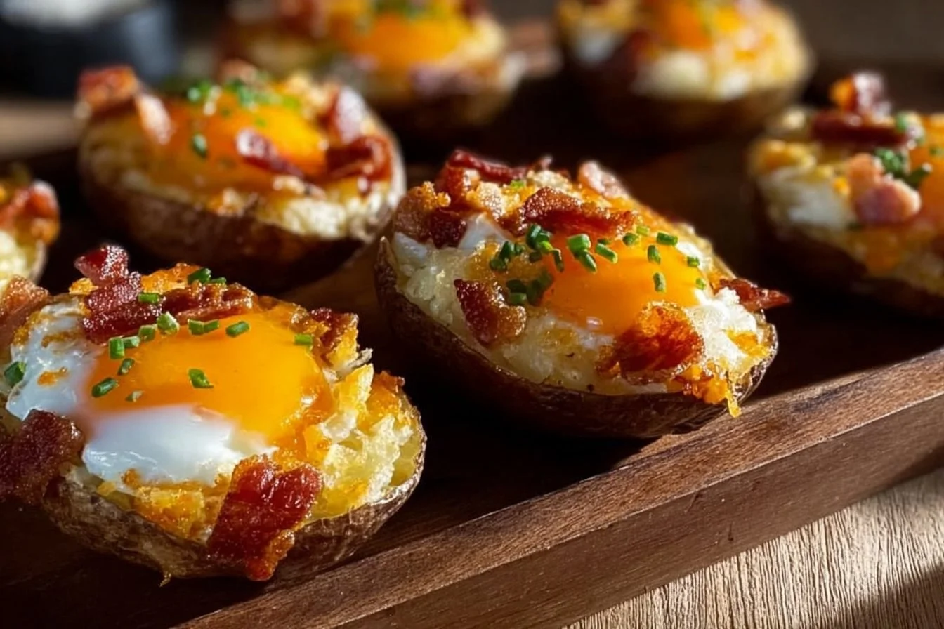 Twice Baked Loaded Breakfast Potatoes topped with cheese and herbs.