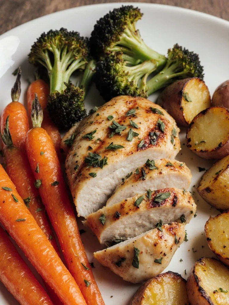 Baked Chicken Breast with Vegetables 4 Baked chicken breast served with fresh seasonal vegetables