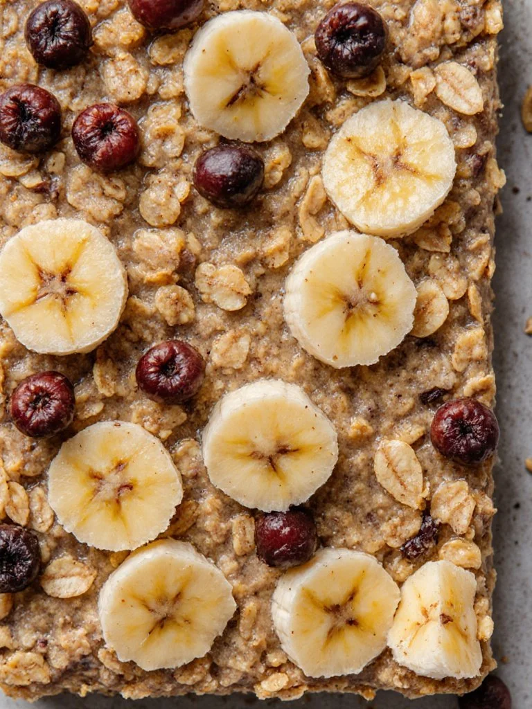 Banana Oatmeal Meal Prep Breakfast Bars 4 Banana oatmeal meal prep breakfast bars on a wooden table