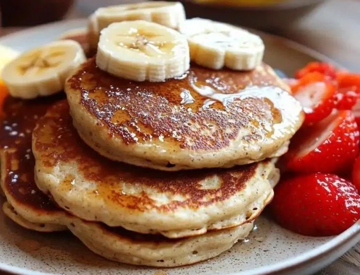 Banana Oatmeal Pancakes 5 Delicious banana oatmeal pancakes served on a plate with syrup and fresh fruit.