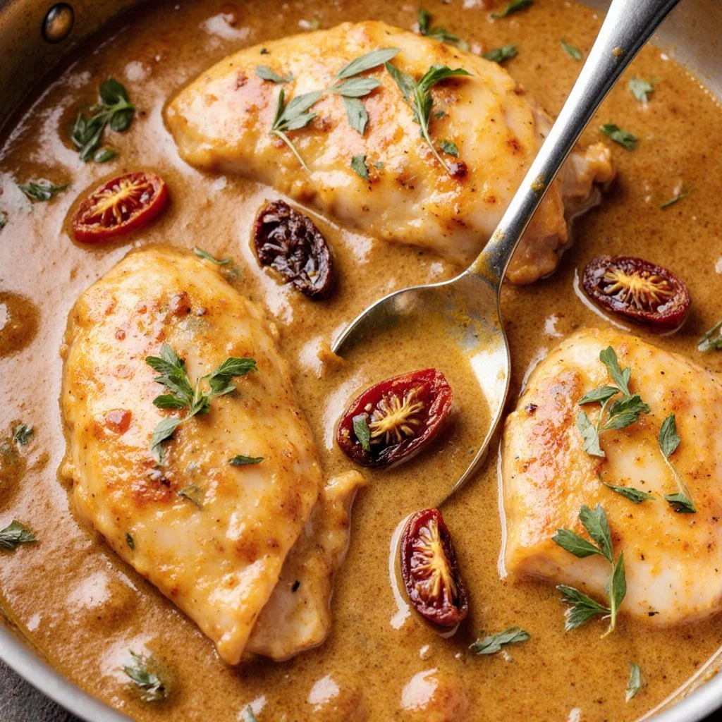 Delicious plate of Marry Me Chicken with creamy sauce and herbs