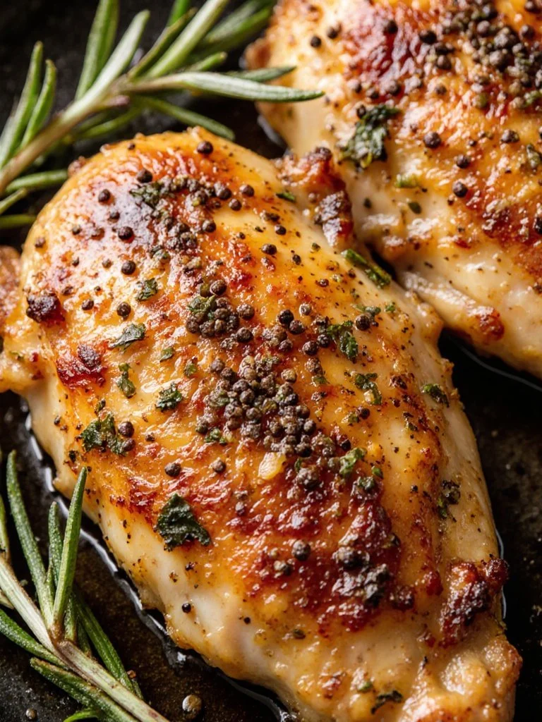 Delicious roast chicken breast served on a plate with herbs and spices