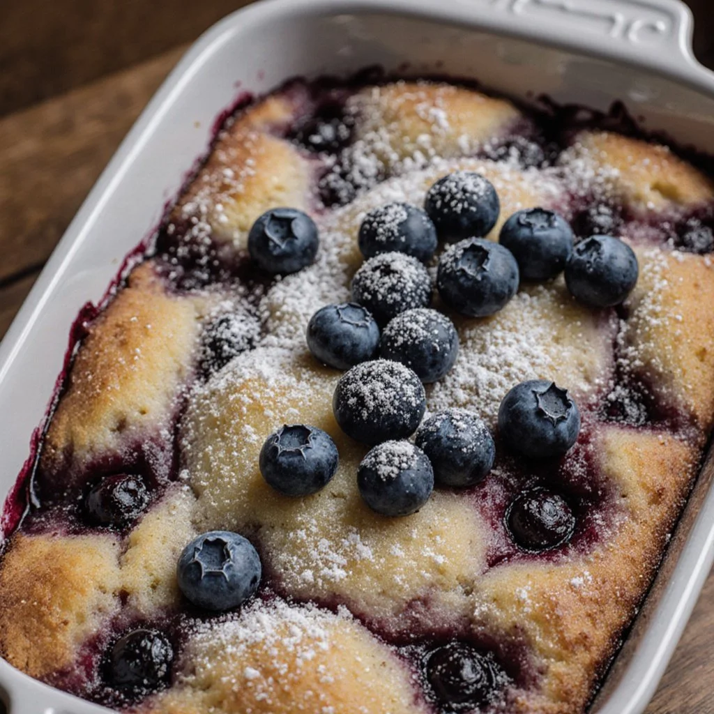 Blueberry Buttermilk Pancake Casserole served on a plate with fresh blueberries