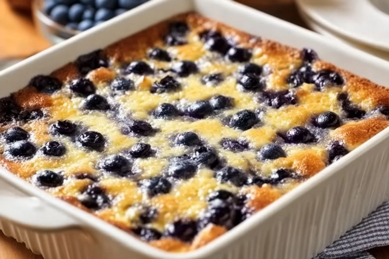 Delicious blueberry cottage cheese breakfast bake topped with fresh blueberries