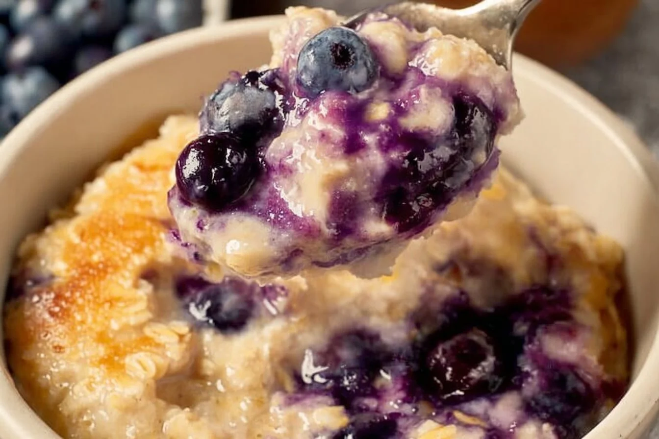 Delicious blueberry jam protein baked oats topped with fresh blueberries.