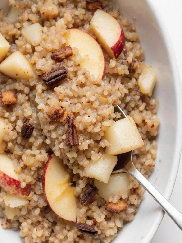 Cinnamon Apple Breakfast Quinoa 4 Bowl of Cinnamon Apple Breakfast Quinoa topped with apple slices and cinnamon.