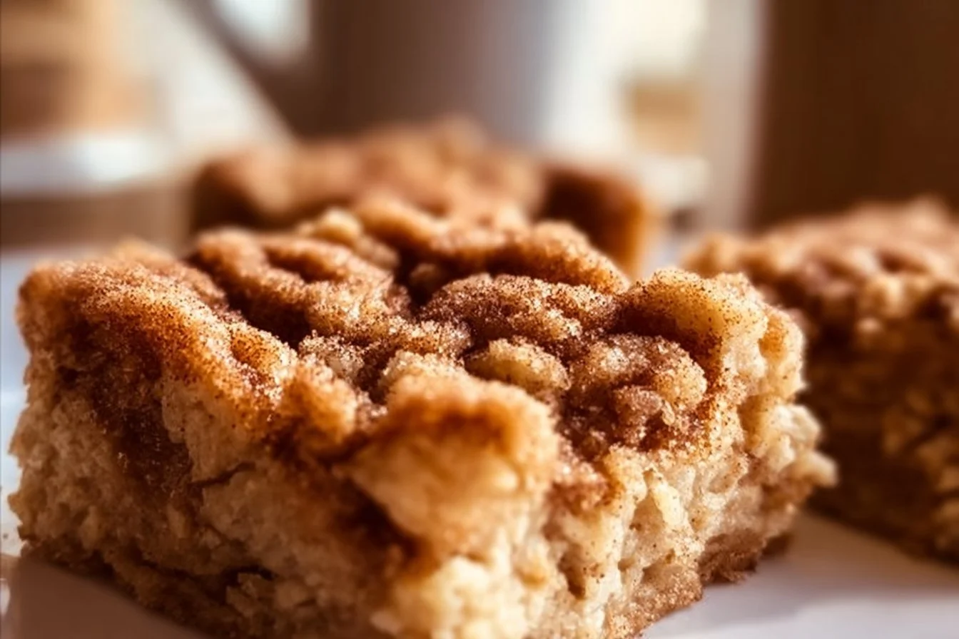 Cinnamon Roll Baked Oatmeal Squares with a creamy glaze on top