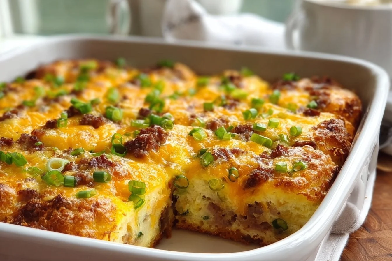 Delicious Amish breakfast casserole topped with crispy hash browns