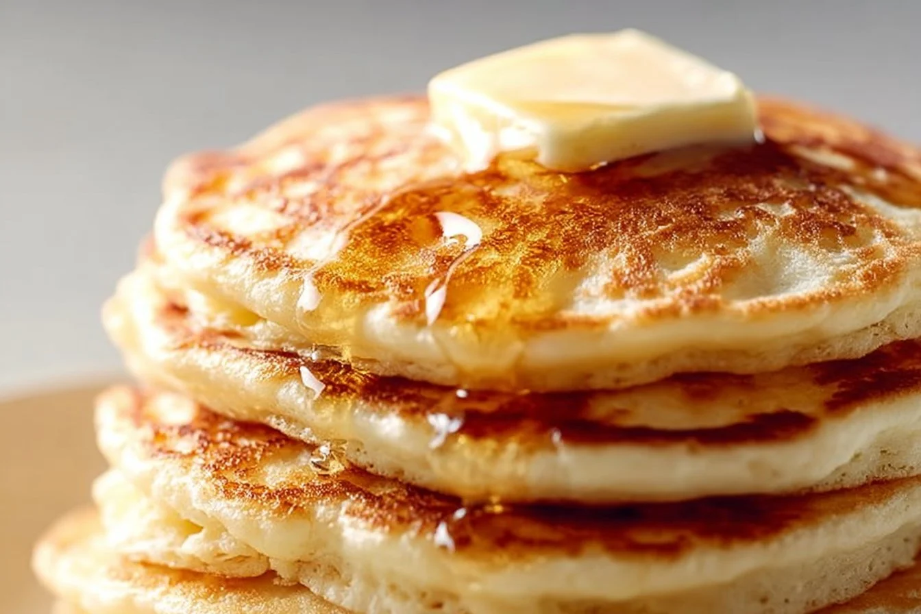 Plate of fluffy cottage cheese pancakes served with fresh fruit