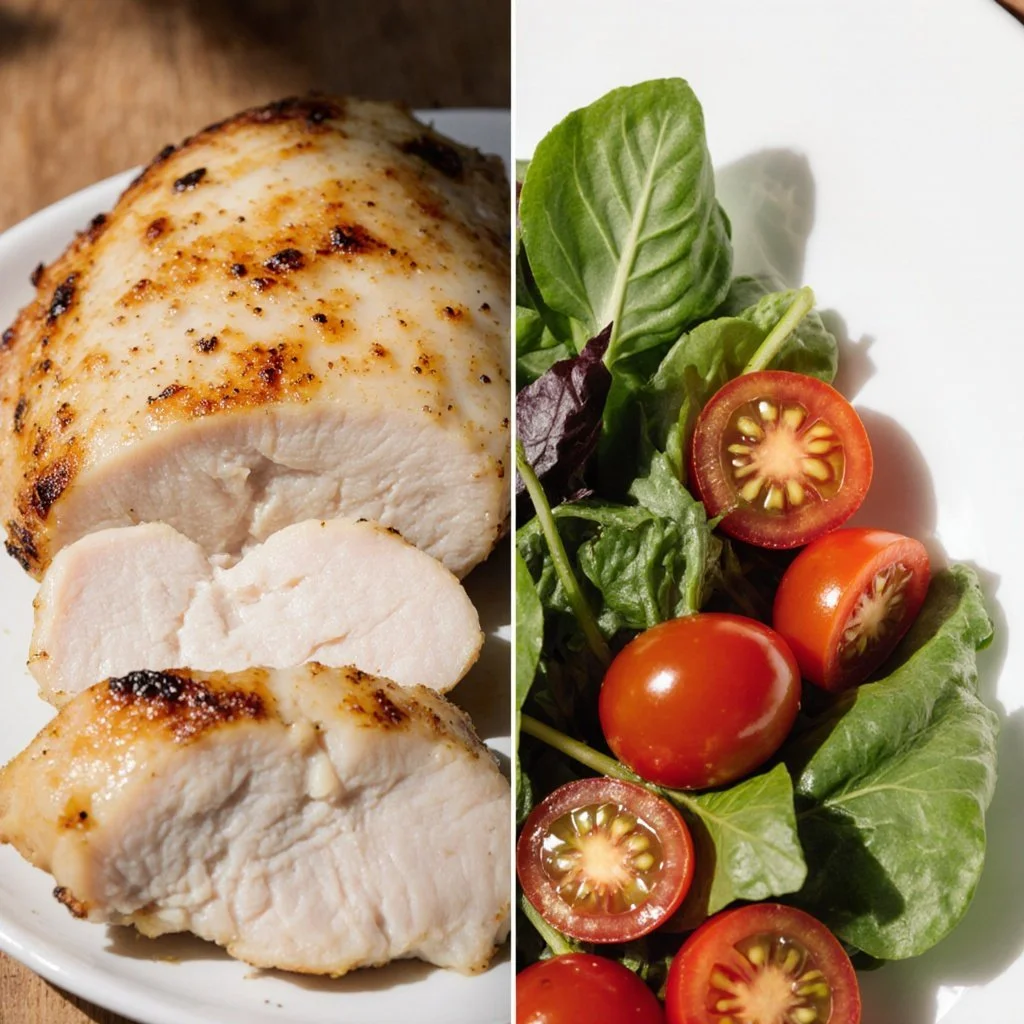 Easy chicken breast dinner served with vegetables on a plate.