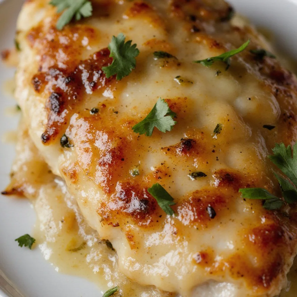 Easy garlic parmesan chicken bake on a baking dish ready to serve.
