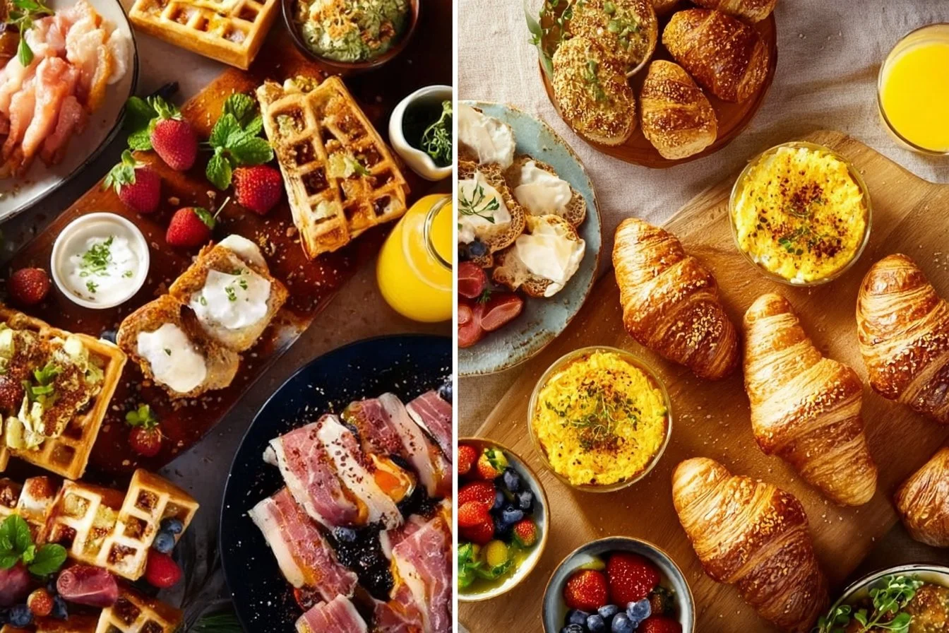 A colorful spread of easy healthy breakfast recipes including smoothies, oatmeal, and fruits.