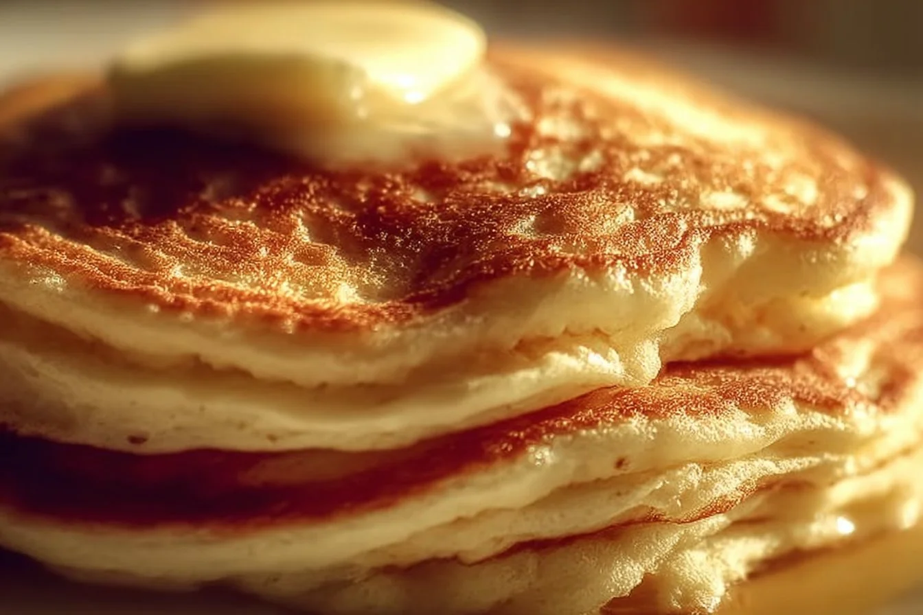 Flourless cottage cheese pancakes stacked on a plate with toppings