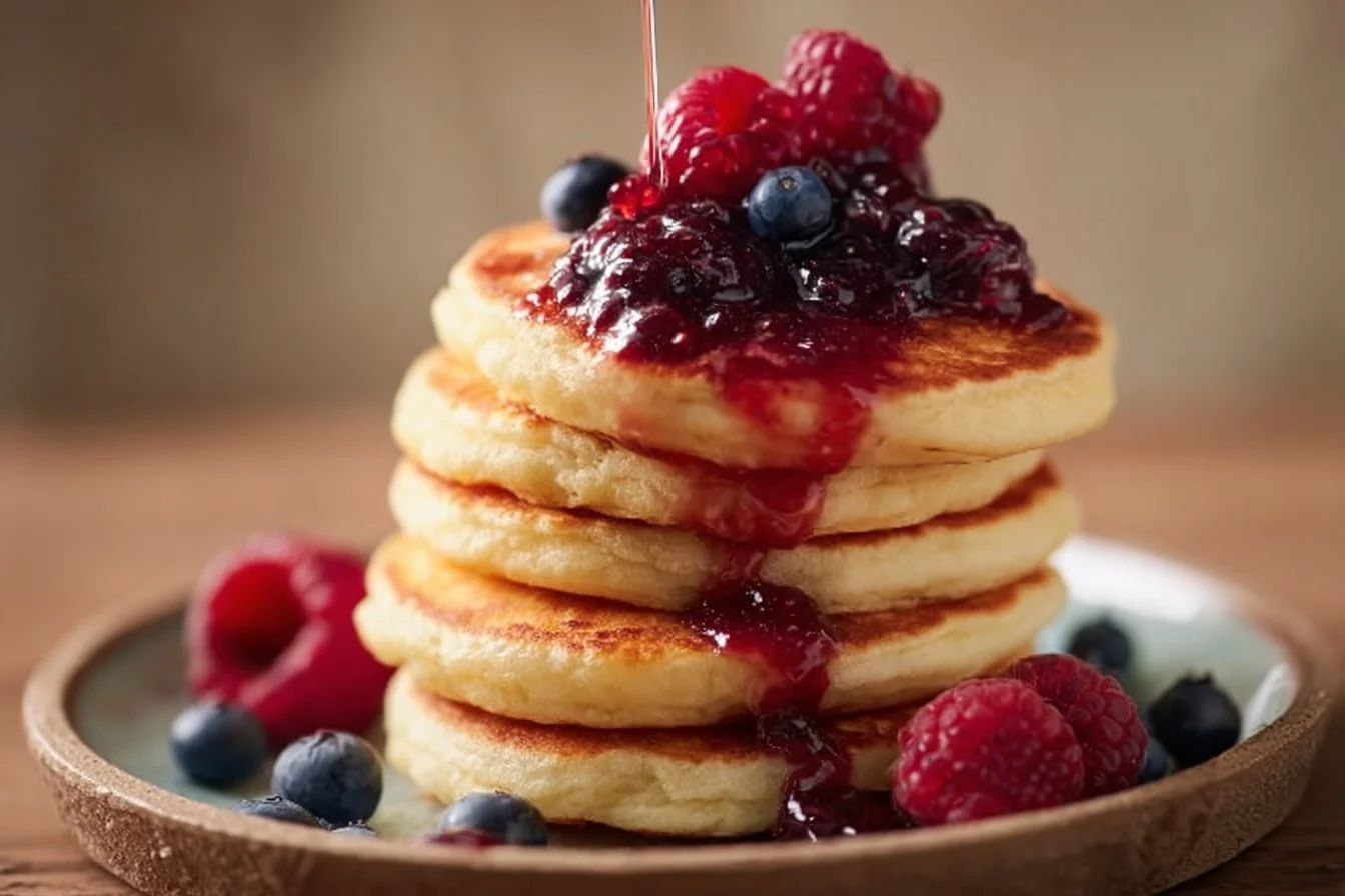 Delicious fluffy cottage cheese pancakes served with syrup and berries