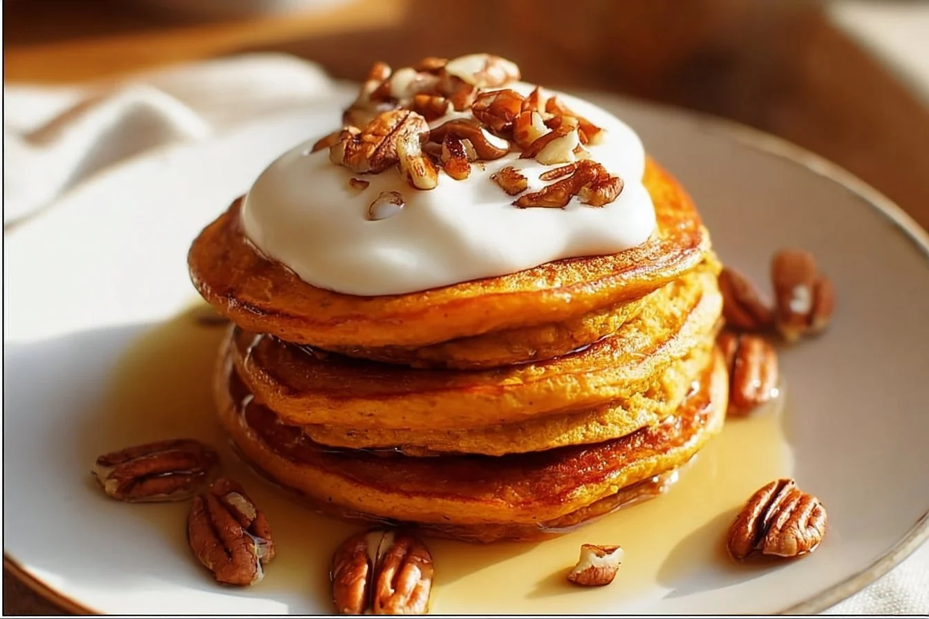 Fluffy Sweet Potato Pancakes 5 Fluffy sweet potato pancakes stacked on a plate, drizzled with syrup