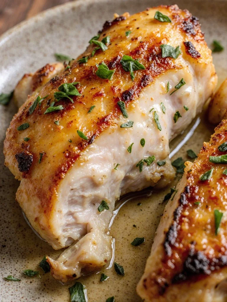 Foolproof garlic butter baked chicken breast garnished with herbs