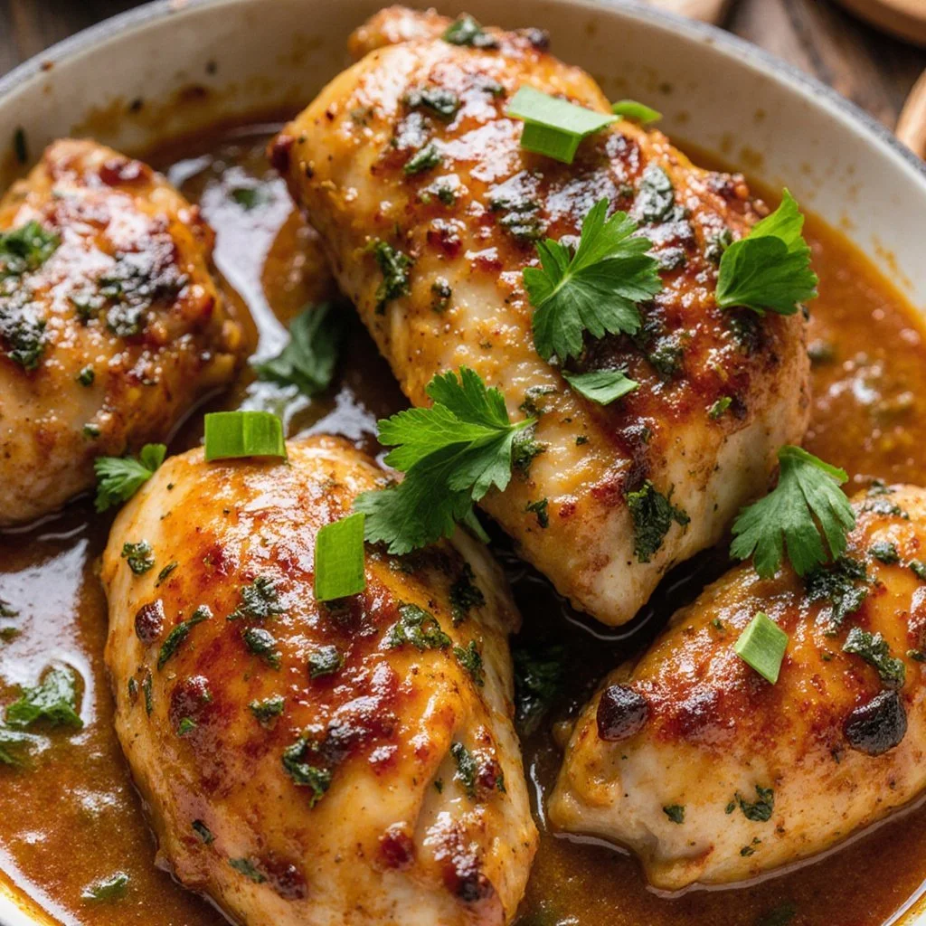Plate of Garlic Butter Chicken cooked with Turkey Bacon, garnished with herbs.