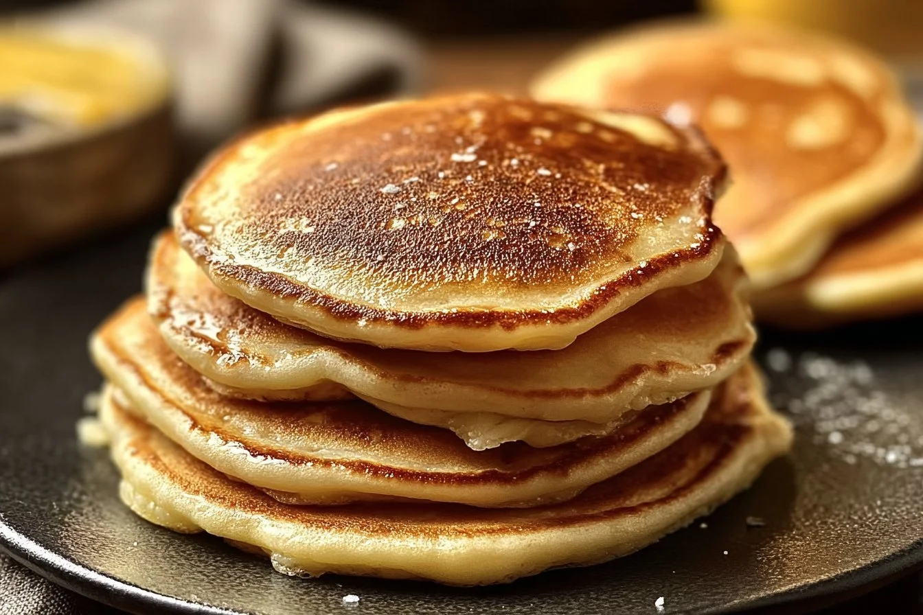 Fluffy Greek Yogurt Pancakes stacked on a plate with syrup and berries.