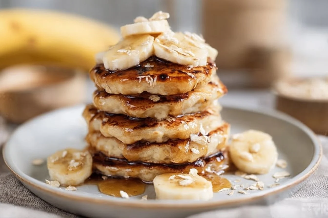 Delicious and healthy banana oatmeal pancakes stacked on a plate