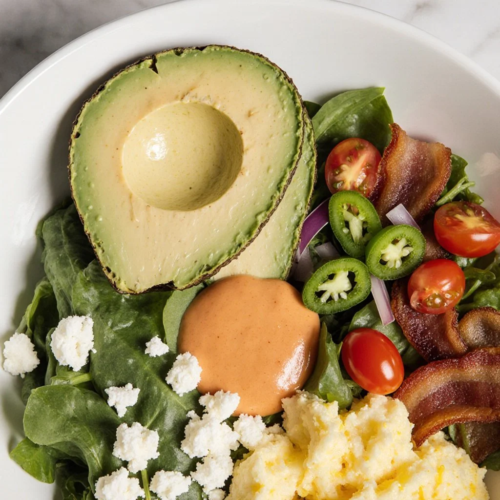Hearty sweet potato breakfast bowl topped with fresh ingredients and garnishes.